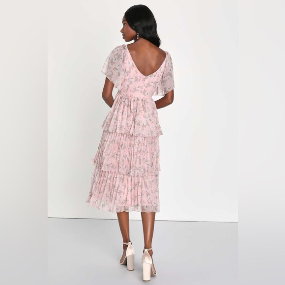 Lulus Gentle Charm Mauve Floral Print Pleated Tiered Midi Dress - Picture 3 of 16